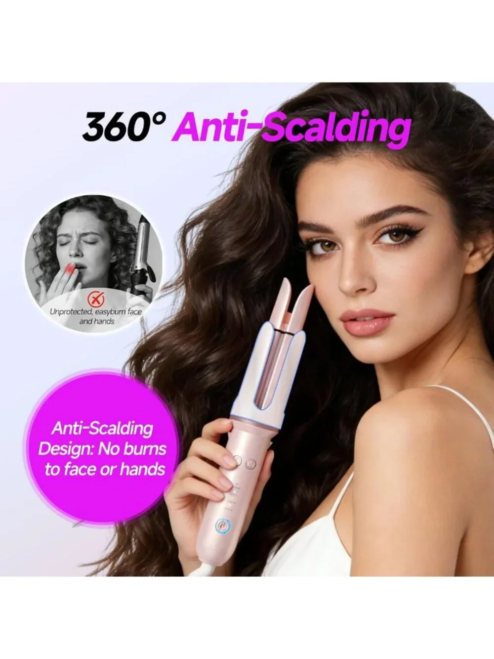 Automatic 1.25” Curling Wand - 4 Temp Settings, Ionic Ceramic, Anti-Scald, Pink